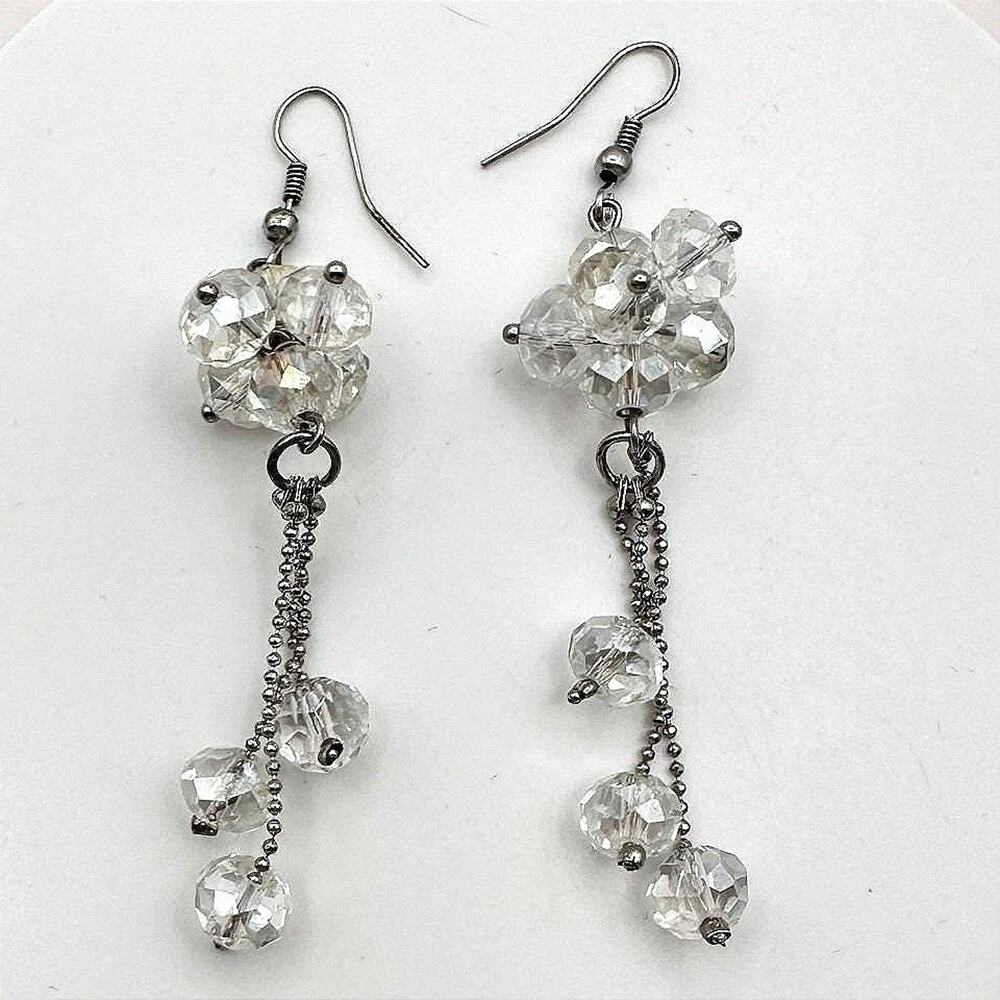Vintage Y2K Silver Tone Clear Faceted Glass Beaded Tassel Earrings Jewelry